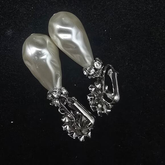 Faux Pearl Rhinestone Clip On Earrings Dangle Drop Vintage Jewelry - Picture 3 of 6